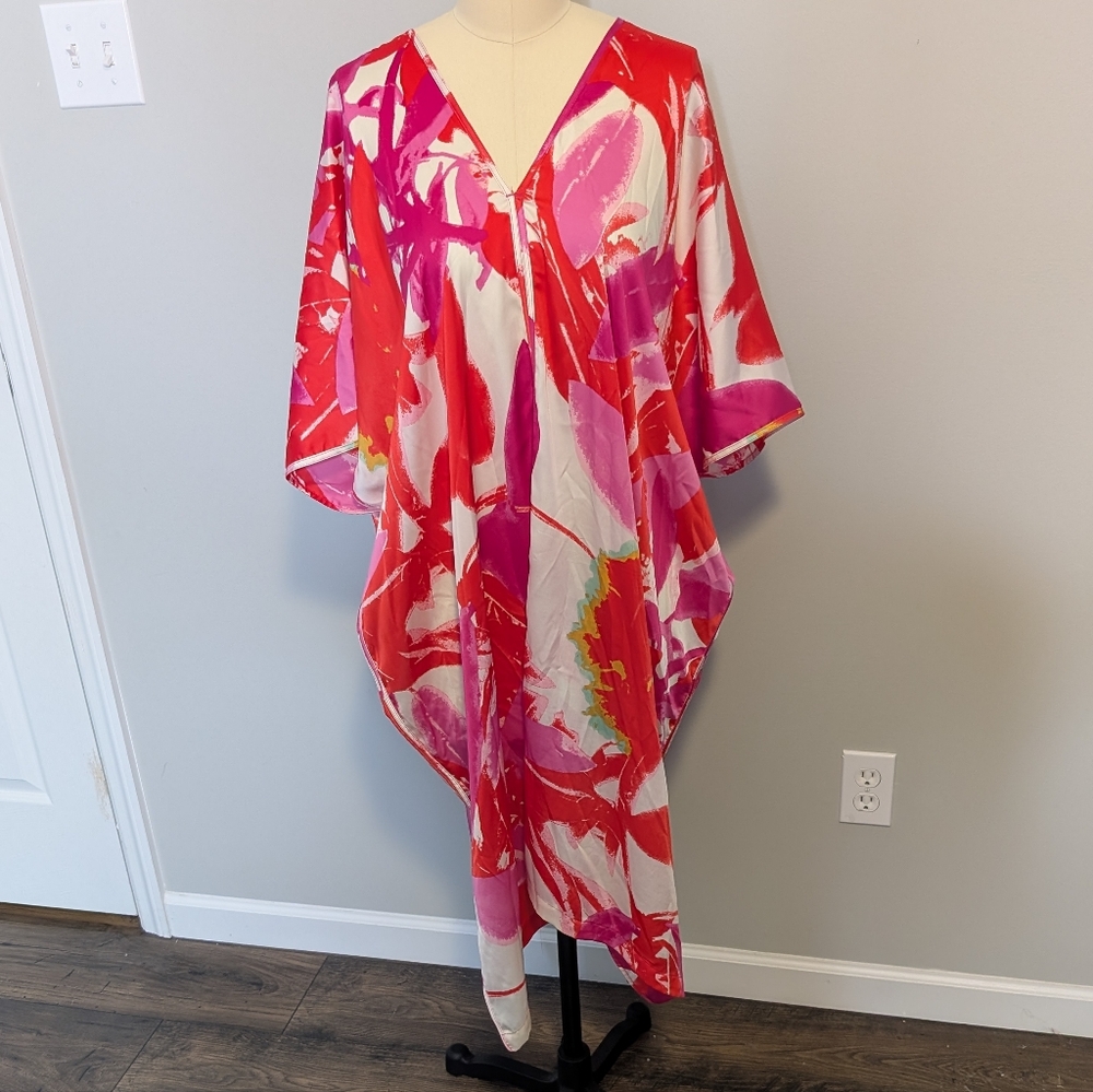 Natori Vibrant Pink & Red Floral‎ Kaftan Swimsuit Coverup Small